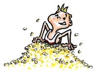 Cartoon of a boy sitting on a pile of coins